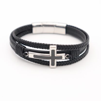 Edelstahl-Armband mit schwarzem Leder & Kreuz – 3-reihig