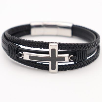 Edelstahl-Armband mit schwarzem Leder & Kreuz – 3-reihig – Bild 2