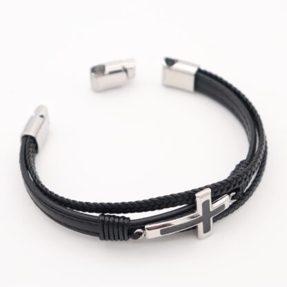 Edelstahl-Armband mit schwarzem Leder & Kreuz – 3-reihig – Bild 3