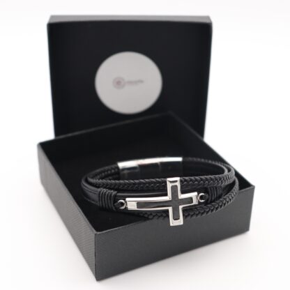 Edelstahl-Armband mit schwarzem Leder & Kreuz – 3-reihig – Bild 5